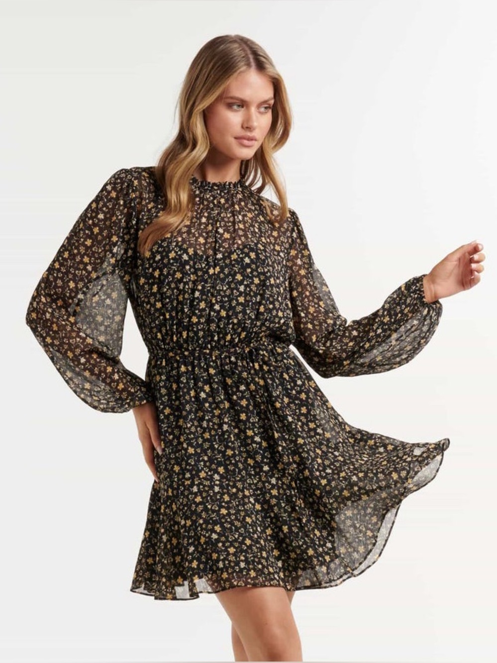 Ever New Sz 12 Flora Floral Cottagecore Sheer Puff Sleeves Feminine Mini Dress